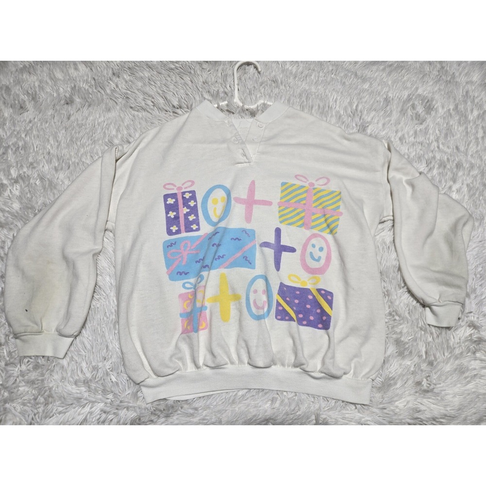 VTG 80s Pastel Gift Box Graphic Sweatshirt Pullover Henley Long Sleeve Distress‎